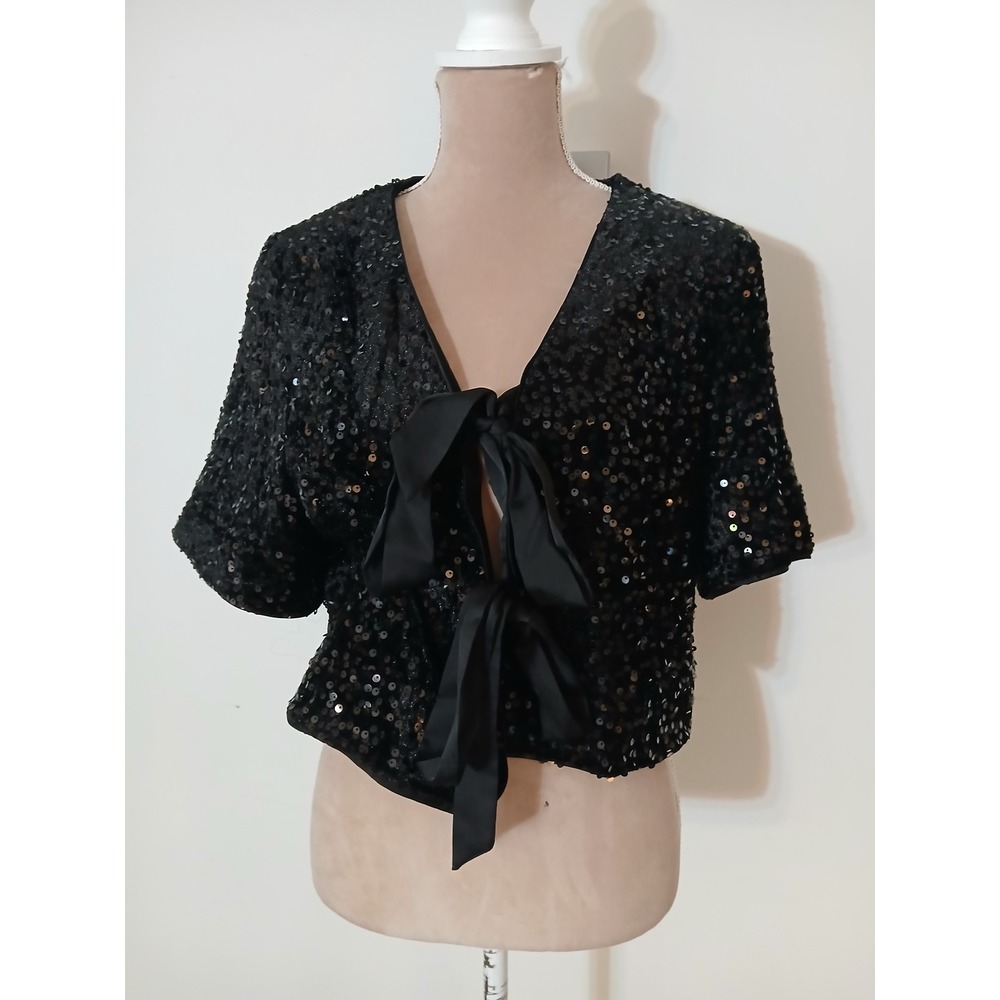 CeCe Black Velvet Sequin Tie Bolero Shrug Cardigan Cropped Short Sleeve Large